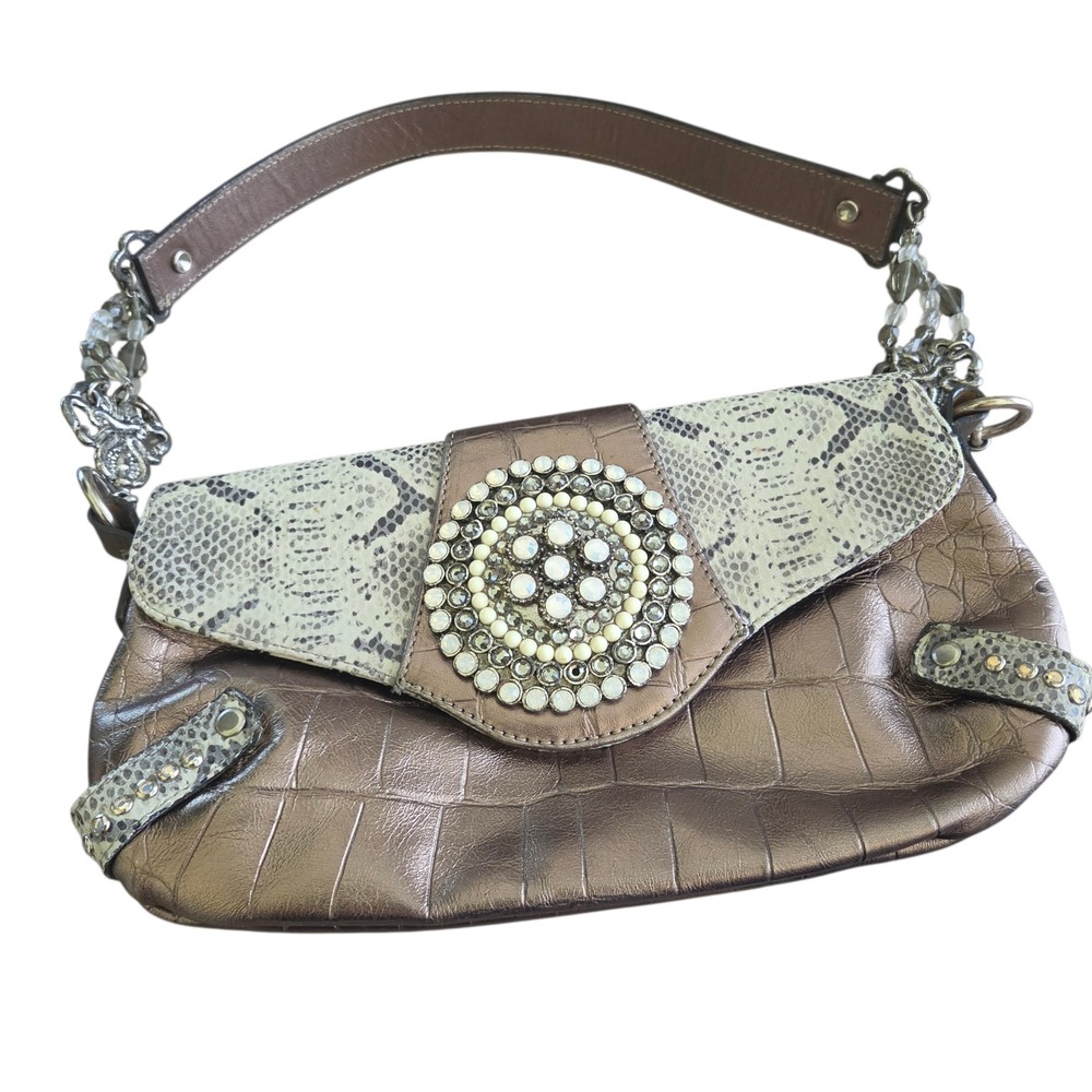 Vintage Leatherock Shoulder Bag USA Metallic Croc Snakeskin Beaded Western